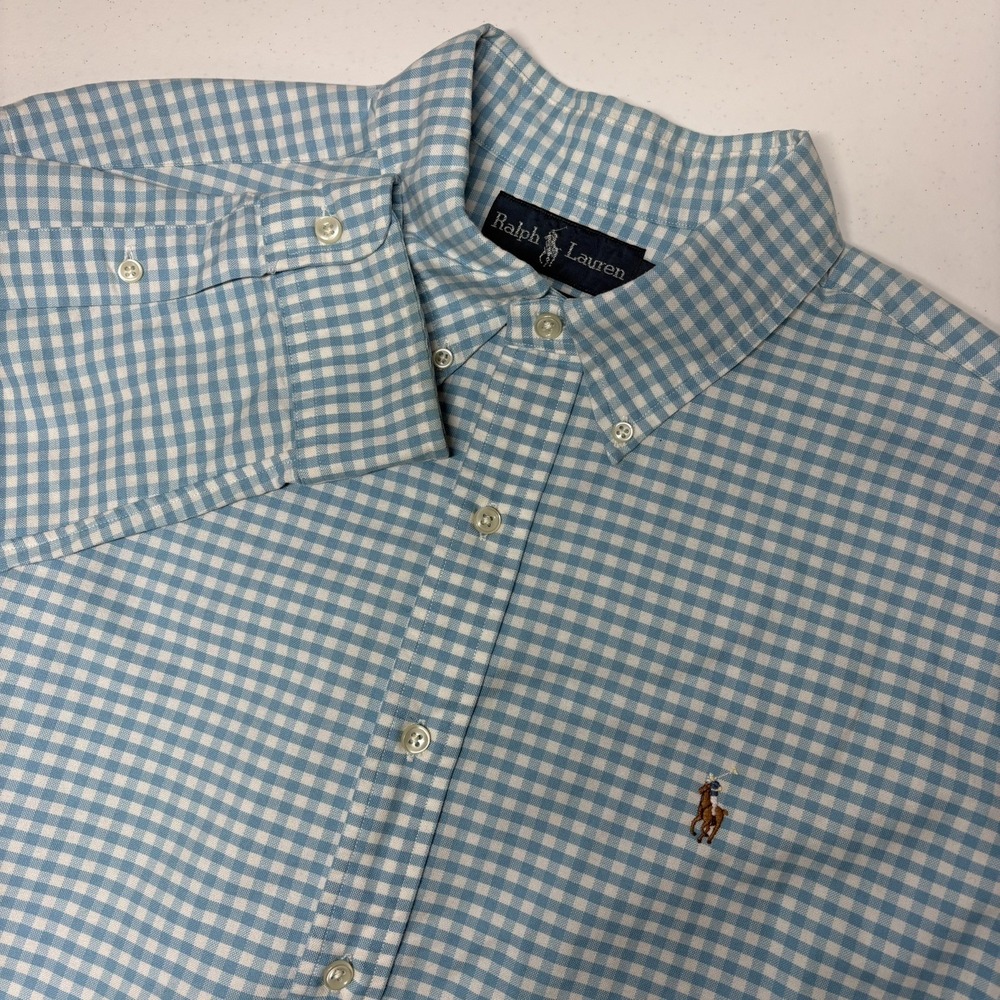 Ralph Lauren Men Gingham Check Shirt Size XL Light Blue‎ Long Sleeve Button Down